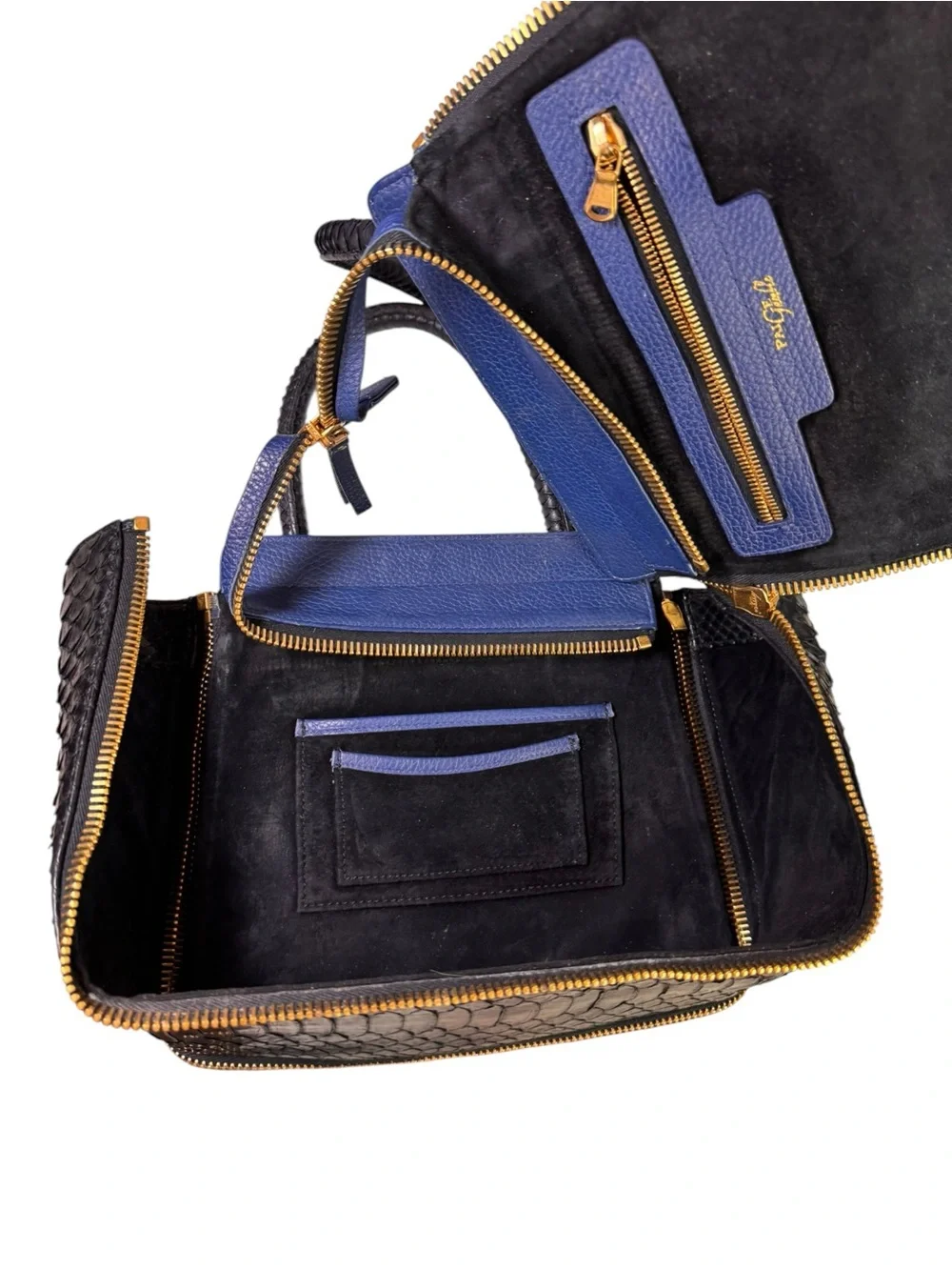 Paige Gamble Blakeley Blue Leather Black Python Exotic Zipper Satchel Tote Bag